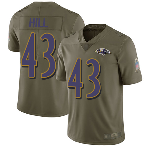 Baltimore Ravens Limited Olive Men Justice Hill Jersey NFL Football #43 2017 Salute to Service->youth nfl jersey->Youth Jersey